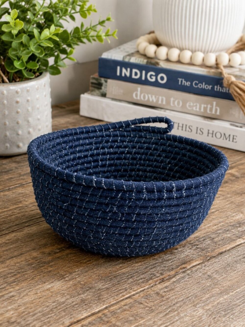 Handmade Upcycled Denim Coiled Rope Bowl Dark Wash Storage Basket Medium